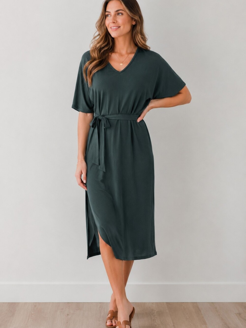 Amour Vert Midi Short Sleeve Bat Wing Dress - Forest hunter Deep Green - XS